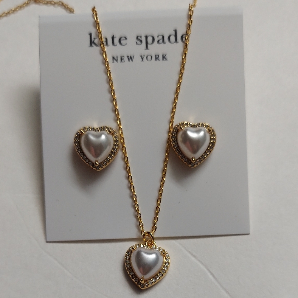 Kate Spade New York My Love Pave Pearly Heart Halo Necklace and Earring Set